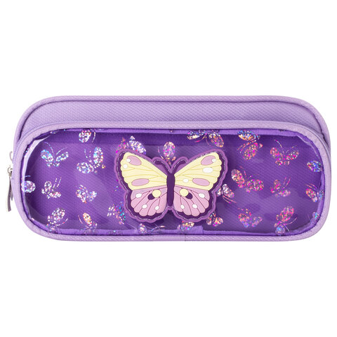 Пенал мягкий ЮНЛАНДИЯ, 2 отделения, полиэстер, "Butterfly", фиолетовый, 21х6х9 см, 270256