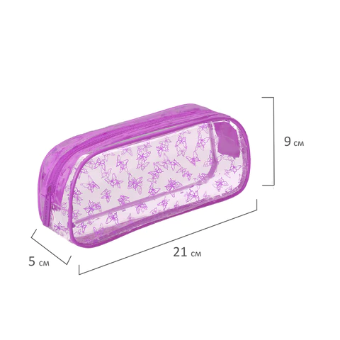 Пенал-косметичка BRAUBERG LUCENT на молнии, прозрачный, "Butterfly", 21х5х9 см, 272344