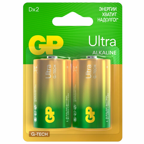 Батарейки КОМПЛЕКТ 2 шт., GP Ultra G-Tech, D (LR20, 13А), алкалиновые, блистер, 13AU-CR2