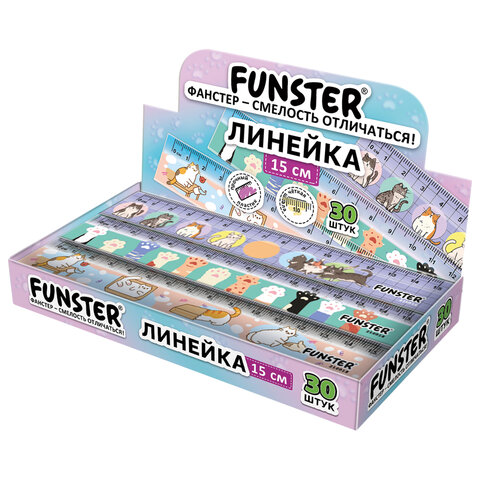 Линейка пластиковая 15 см, FUNSTER (ФАНСТЕР), "КОТЫ", ассорти, дисплей, 210918