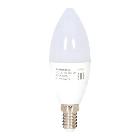 Лампа светодиодная SONNEN EXTRA, 7 (60) Вт, Е14, свеча, нейтральный белый, 30000 ч, LED C37-7W-4000-Е14, 457903