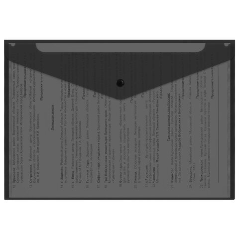 Папка-конверт с кнопкой прозрачная А4, BRAUBERG "UNIVERSAL", до 100 листов, черная, 0,15 мм, 273072