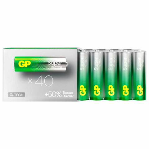 Батарейки КОМПЛЕКТ 40 шт., GP Super G-Tech, AA (LR6,15А), алкалиновые, пальчиковые, 15A-2CRVS40, GP 15A-2CRVS40