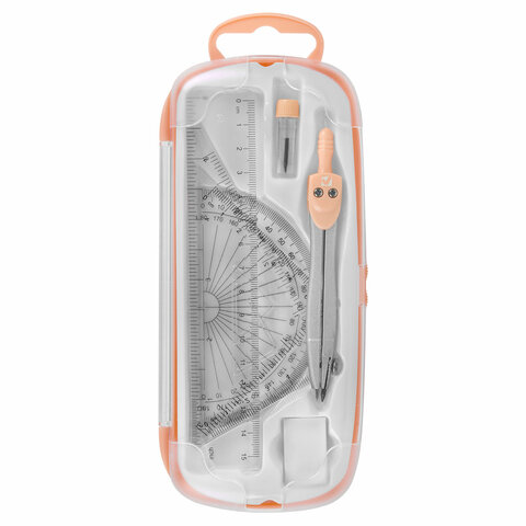 Готовальня BRAUBERG SCHOOL KIT, 8 предметов, циркуль 115 мм, чертежные принадлежности, персиковый цвет, 210704