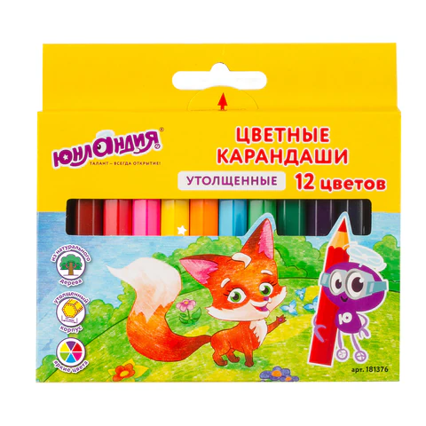 Карандаши цветные утолщенные ЮНЛАНДИЯ "МАЛЫШИ-КАРАНДАШИ", 12 цветов, укороченные, шестигранные, грифель 5 мм, натуральное дерево, 181376