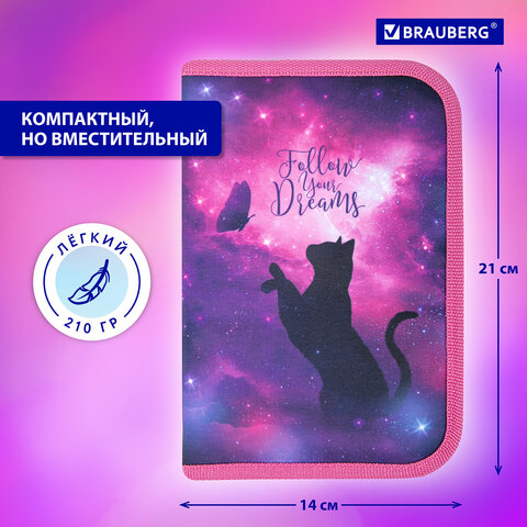 Пенал BRAUBERG, 1 отделение, 1 откидная планка, полиэстер, 21х14 см, "Space cat", 270712