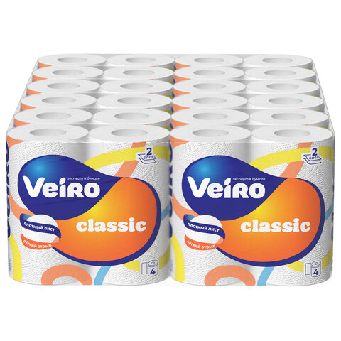 Бумага туалетная бытовая, спайка 4 шт., 2-слойная (4х15 м), VEIRO Classic (Вейро), белая, 5с24