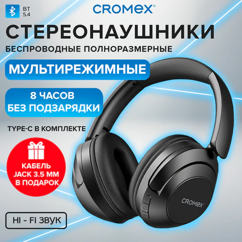 Наушники беспроводные полноразмерные складные раздвижные CROMEX (КРОМЕКС) HP-043B, Bluetooth 5.4, черные, 514119