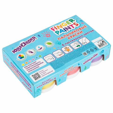 Краски пальчиковые для малышей от 1 года, пастельные цвета, 6 по 60 мл, ЮНЛАНДИЯ, 192569