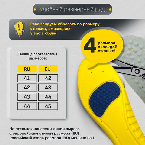 Стельки для обуви с ПЯТОЧНЫМ АМОРТИЗАТОРОМ, материал PU PRO, размер RU 41-44 / EU 42-45, с линиями выреза, SHEGRA (ШЕГРА), 700770