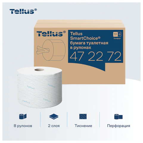 Бумага туалетная 207 м, Tellus/TORK (Система T8) SmartOne, ADVANCED, КОМПЛЕКТ 8 рулонов, 2-слойная, 472272