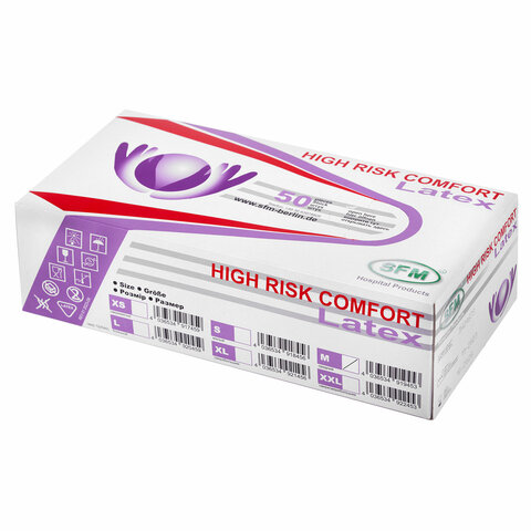 Перчатки латексные смотровые особо прочные SFM HIGH RISK COMFORT, Германия, 25 пар (50 штук), размер 7-8, M (средний)