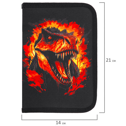 Пенал BRAUBERG с наполнением, 1 отделение, 1 откидная планка, 24 предмета, 21х14 см, "Fire dino", 273535