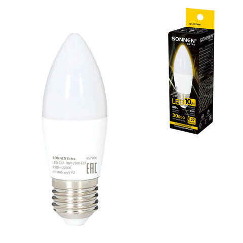 Лампа светодиодная SONNEN EXTRA, 10 (85) Вт, Е27, свеча, теплый белый, 30000 ч, LED C37-10W-2700-Е27, 457906