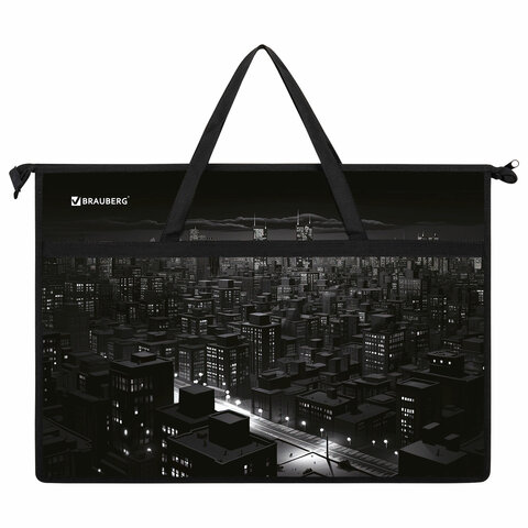 Папка для рисунков и чертежей с ручками BRAUBERG А3, пластик, молния сверху, "Night city", 273410