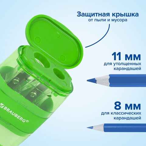Точилки с ластиком 2 в 1 BRAUBERG "Double", НАБОР 2 ШТУКИ, 2 отверстия, синяя и зеленая, блистер, 271995