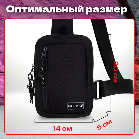 Сумка на плечо HEIKKI BLASTER (ХЕЙКИ) с карманом, черная, 20х14х5 см, 272634
