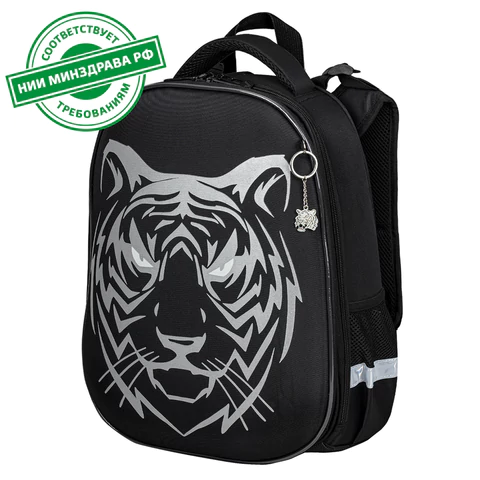 Ранец BRAUBERG SHINY, 2 отделения, с брелком, "Tiger", СВЕТЯЩИЙСЯ РИСУНОК, 38х28х14 см, 270698