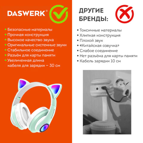 Наушники беспроводные игровые накладные, с ушками, светящиеся, мятные DASWERK (ДАСВЕРК) STN-28, 513804