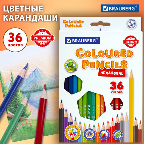 Карандаши цветные BRAUBERG PREMIUM, 36 цветов, шестигранные, грифель 3 мм, 181669