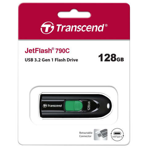 Флеш-диск 128 GB TRANSCEND JetFlash 790C, разъем USB Type-С, черный/зеленый, TS128GJF790C