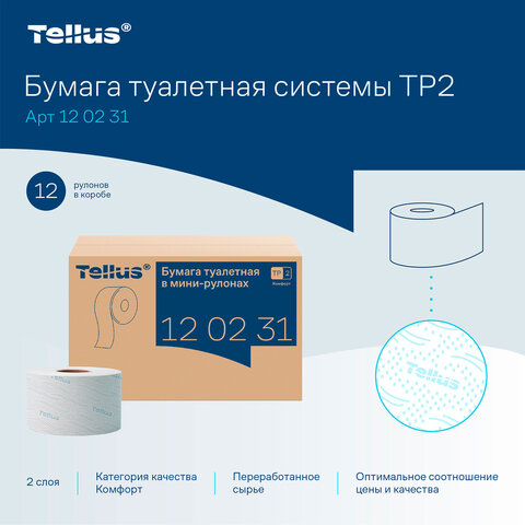 Бумага туалетная 170 метров, Tellus/TORK (Система T2) ADVANCED, КОМПЛЕКТ 12 рулонов, 2-слойная, белая, 120231