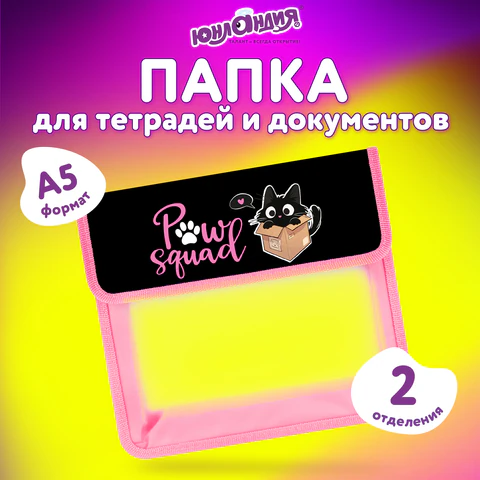 Папка для тетрадей ЮНЛАНДИЯ А5, пластик, 2 отделения, клапан на липучке, "Box cat", 273331