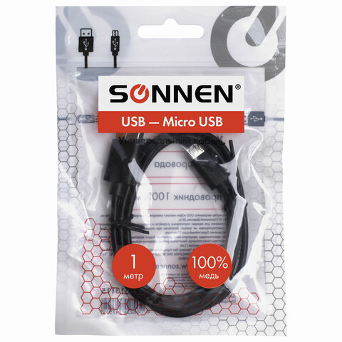 Кабель USB 2.0 – micro USB, 1 м, SONNEN, медь, для передачи данных и зарядки, черный, 513115