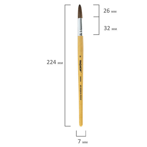 Кисть ПИФАГОР, ПОНИ, круглая, № 9, деревянная лакированная ручка, колпачок, пакет с подвесом, 200838
