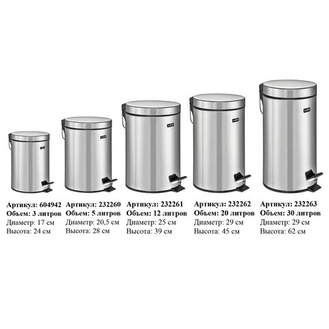 Ведро мусорное с педалью 30 литров "Classic", ЗЕРКАЛЬНОЕ, нержавеющая сталь, со съемным внутренним ведром, LAIMA, 232263