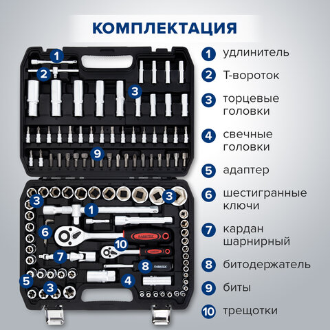 Набор инструментов для автомобиля, 108 предметов, пластиковый кейс, RABBITEX (РАББИТЕКС), 671339
