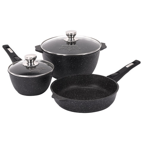 Набор посуды (сковорода 26 см, кастрюля 5 л, ковш 1,7 л, 2 съемных ручки, 2 крышки), МЕЧТА "Гранит Black", 001802