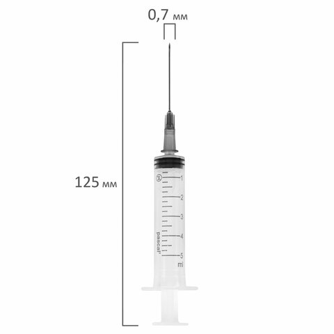 Шприц 3-х компонентный PASCAL, 5 мл, КОМПЛЕКТ 100 шт., в пакете, игла 0,7х30 – 22G, 120406