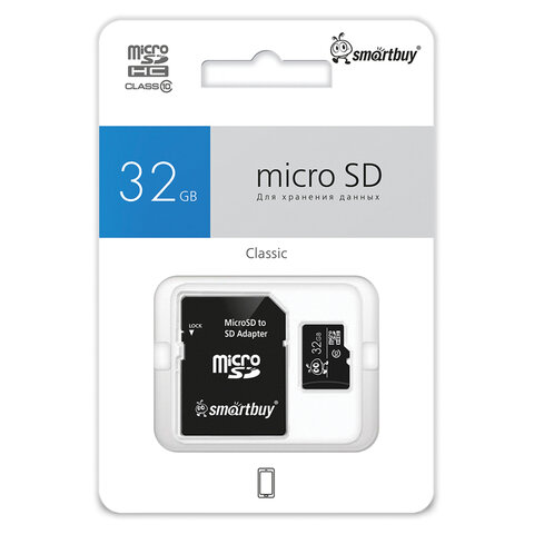 Карта памяти micro SDHC, 32 GB, SMARTBUY, 10 Мб/сек. (class 10), с адаптером, SB32GBSDCL10-01