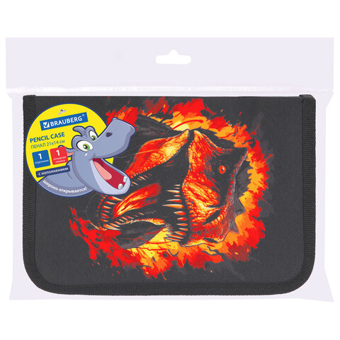 Пенал BRAUBERG с наполнением, 1 отделение, 1 откидная планка, 24 предмета, 21х14 см, "Fire dino", 273535
