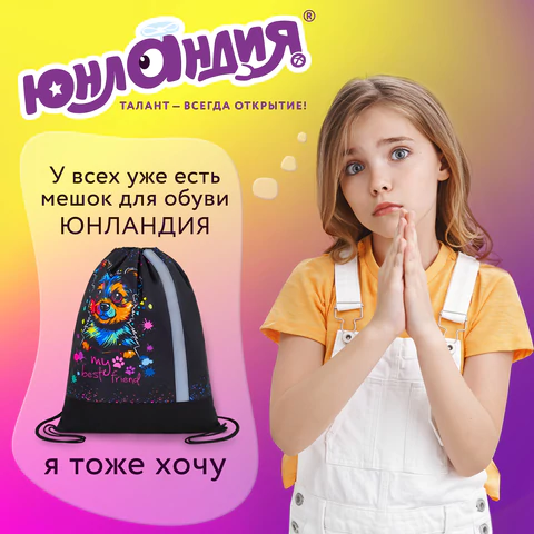 Мешок для обуви ЮНЛАНДИЯ, плотный, светоотражающая полоса, 46х36 см, "True friend", 272410
