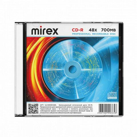 Диск CD-R MIREX, 700 Мб, 48x, Slim Case, 1 штука, UL120051A8S