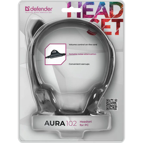 Наушники с микрофоном (гарнитура) DEFENDER AURA-102, проводные, 1,55 м, с оголовьем, черные, 63102