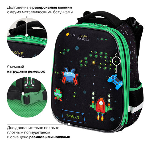 Ранец BRAUBERG PREMIUM, 2 отделения, с брелоком, "Space strike", патчи на липучках, 38х29х16 см, 273104