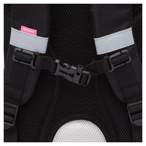 Ранец GRIZZLY анатомическая спинка, с мешком для обуви, для девочек, "BLACKY", серый, 33х25х13 см, RAm-584-1/2