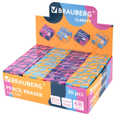 Ластик BRAUBERG "CLARITY", 34х34х14 мм, квадратный, экологичный ПВХ, ассорти, 272732