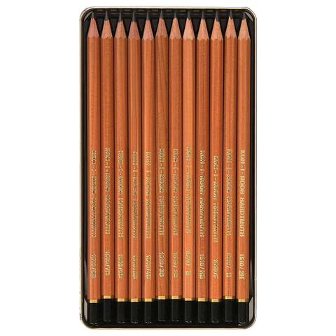 Карандаши чернографитные KOH-I-NOOR, НАБОР 12 шт., "Art", 8В-2H, без резинки, металлическая коробка, 1512N12001PL