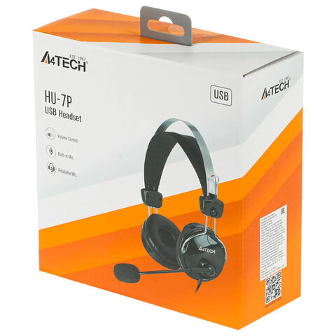 Наушники с микрофоном (гарнитура) A4TECH HU-7P, проводные, 2 м, USB, черные, 1379906