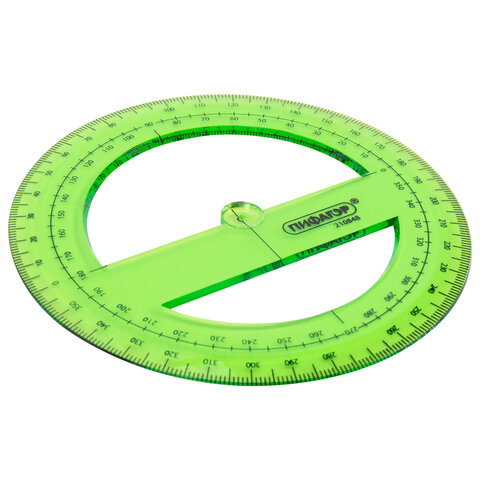 Транспортир пластиковый 10 см, 360 градусов, ПИФАГОР, прозрачный, неоновый, ассорти, 210848