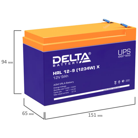 Аккумуляторная батарея для ИБП любых торговых марок, 12 В, 9 Ач, 151х65х94 мм, DELTA, HRL 12-9 (12-34W) X, HRL12-9(1234W)X