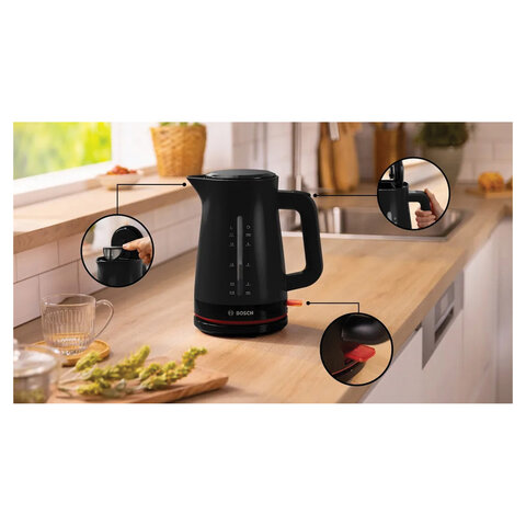 Чайник BOSCH TWK3M123, 1,7 л, 2400 Вт, закрытый нагревательный элемент, пластик, черный