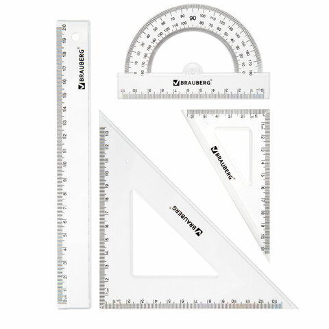 Набор чертежный BRAUBERG (линейка 20 см, 2 треугольника, транспортир), прозрачный, 210853