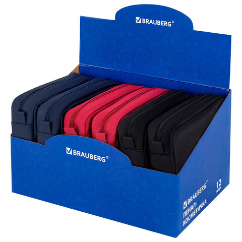 Пенал мягкий BRAUBERG, 2 отделения, ассорти 3 цвета, "Basic", 19х9х4 см, дисплей, 273611