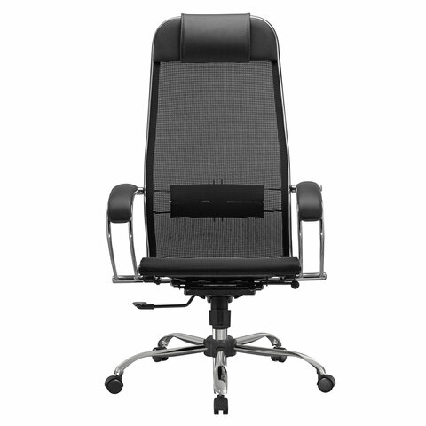Кресло офисное МЕТТА "К-12", хром, ткань-сетка, сиденье и спинка регулируемые, черное