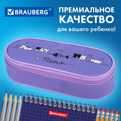 Пенал-футляр BRAUBERG, 1 отделение, органайзер, полиэстер, 22x9х5 см, "Meow", 272312